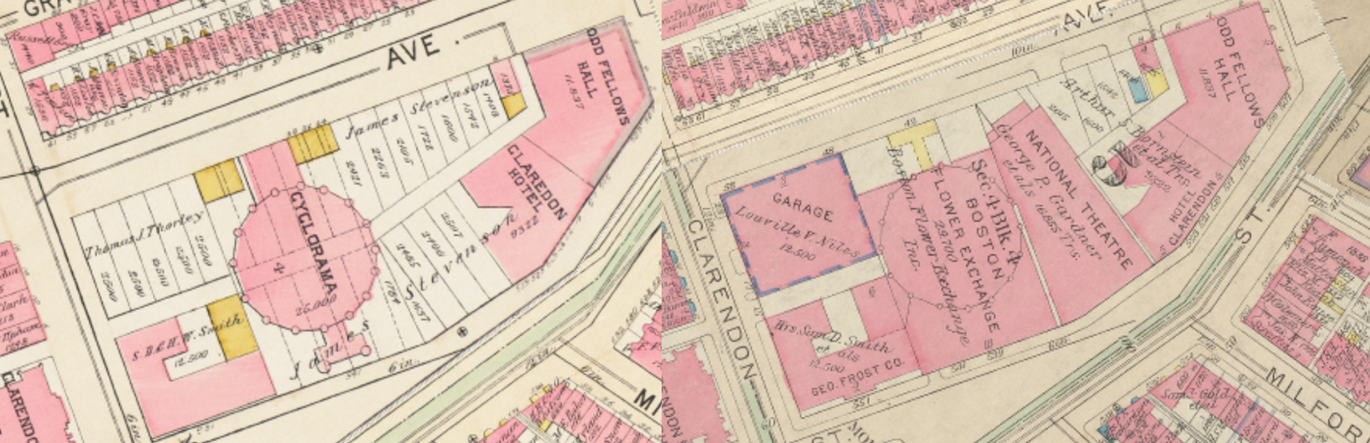 Here one can see changes around the Cyclorama. In 1888, there were a variety of small buildings used for apartments and factories. By 1912, the block had filled in with larger buildings like theaters and hotels.