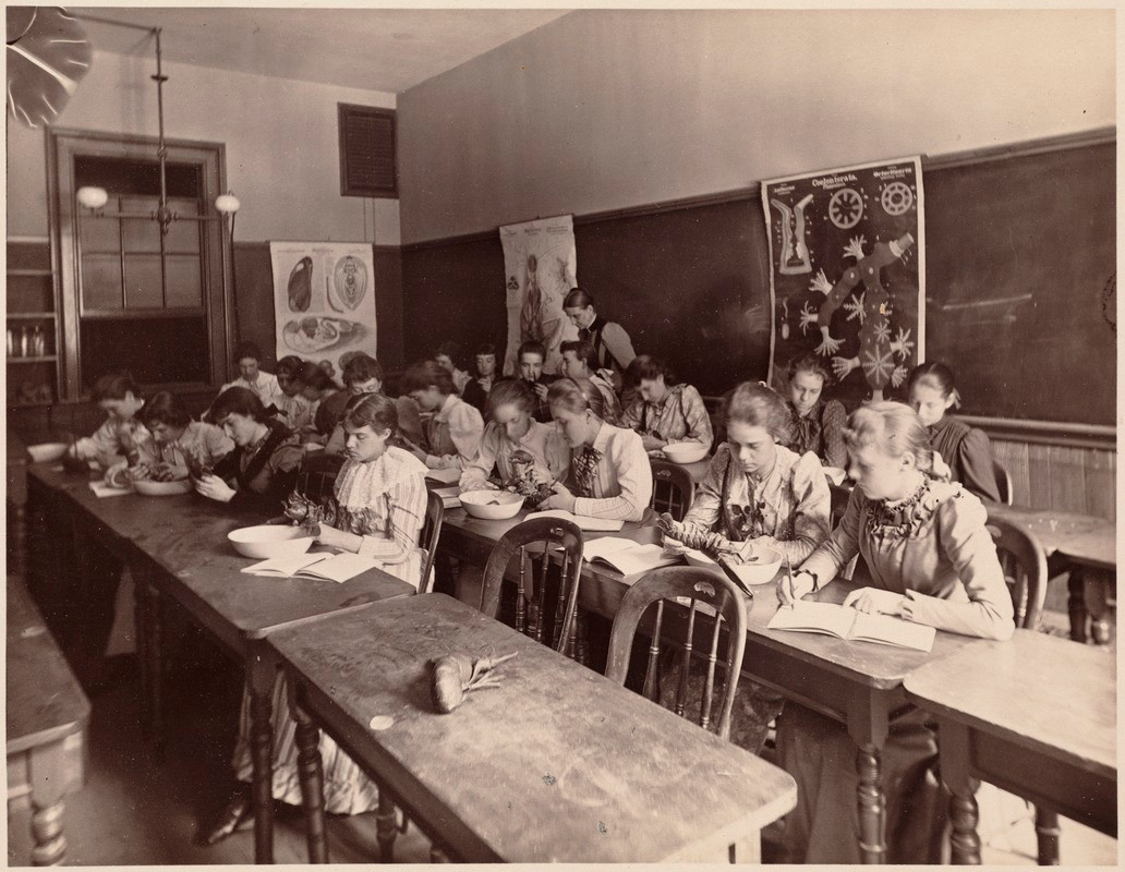 A second year class engages in a zoology laboratory exercise in this photograph from 1893.