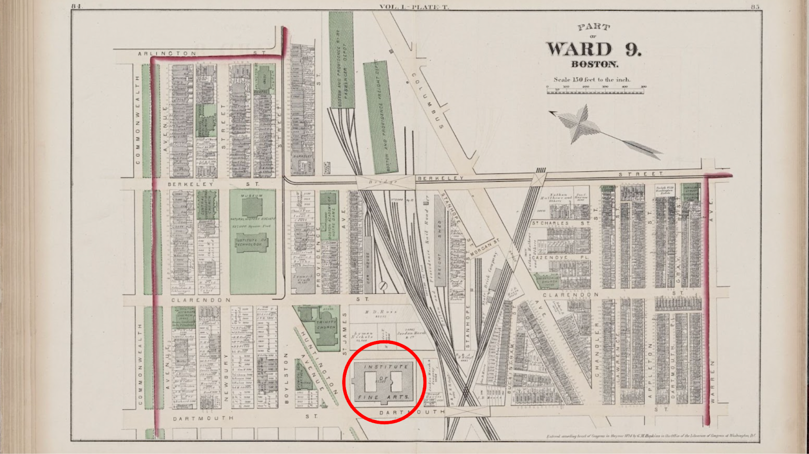 1874 Atlas plate of the Dartmouth St and Copley Square Area, from our collections