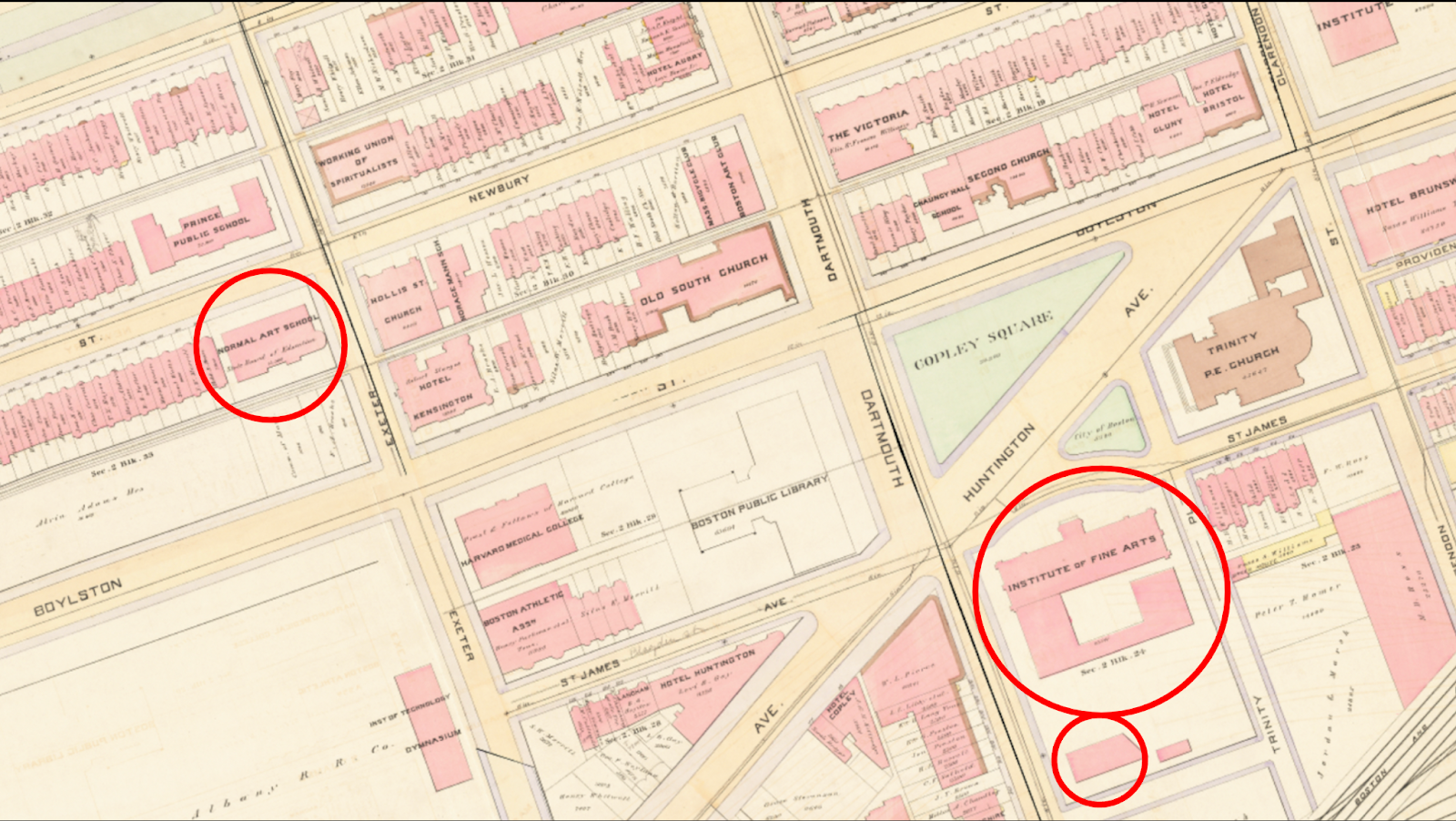 1888 Atlas of the Copley Square Area featuring the Normal Art School, MFA, and SMFA, from our collections