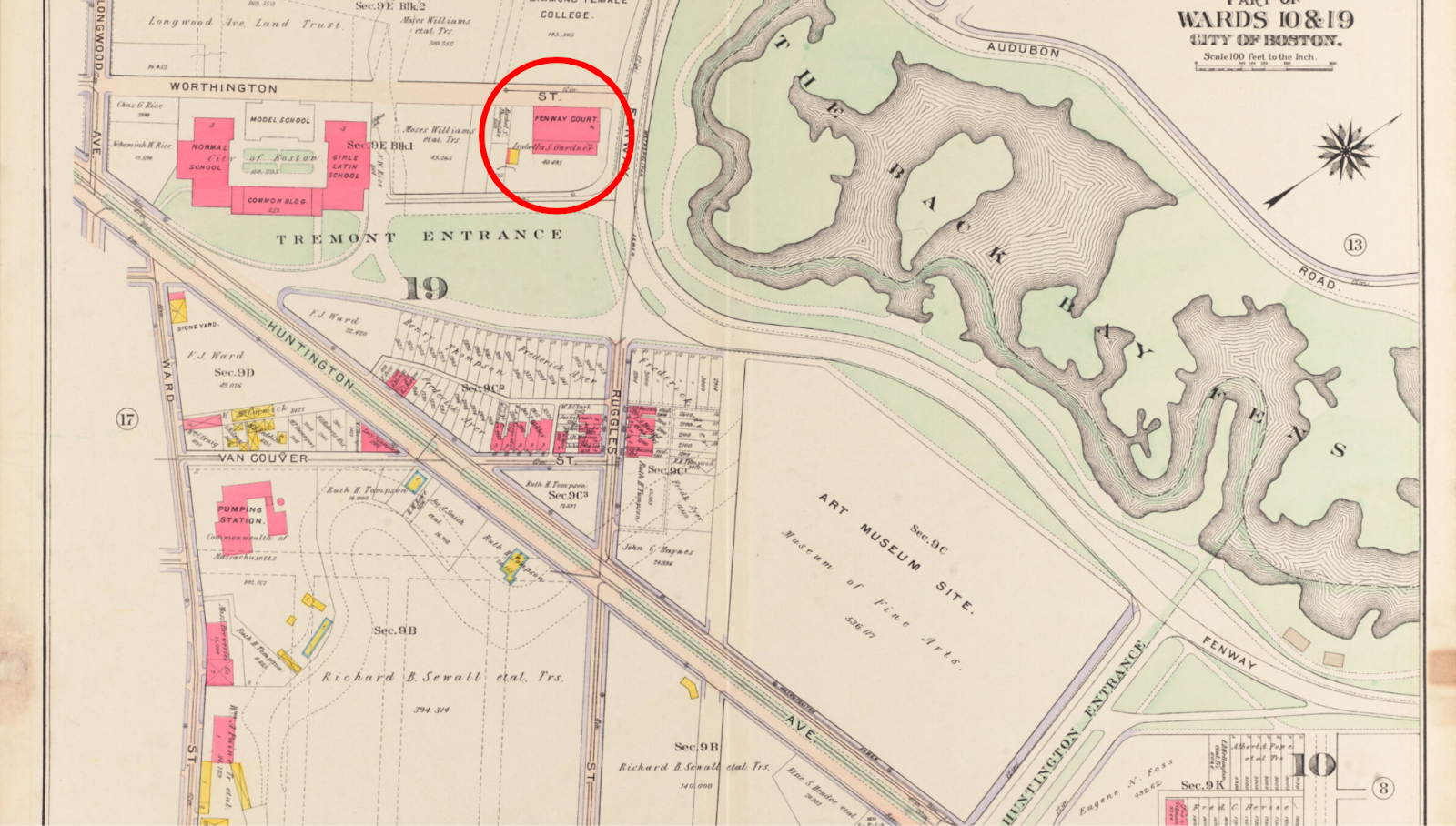 1906 Atlas of the Fens neighborhood featuring the Isabella Stewart Gardner Museum as well as the Normal School and the future site of the MFA