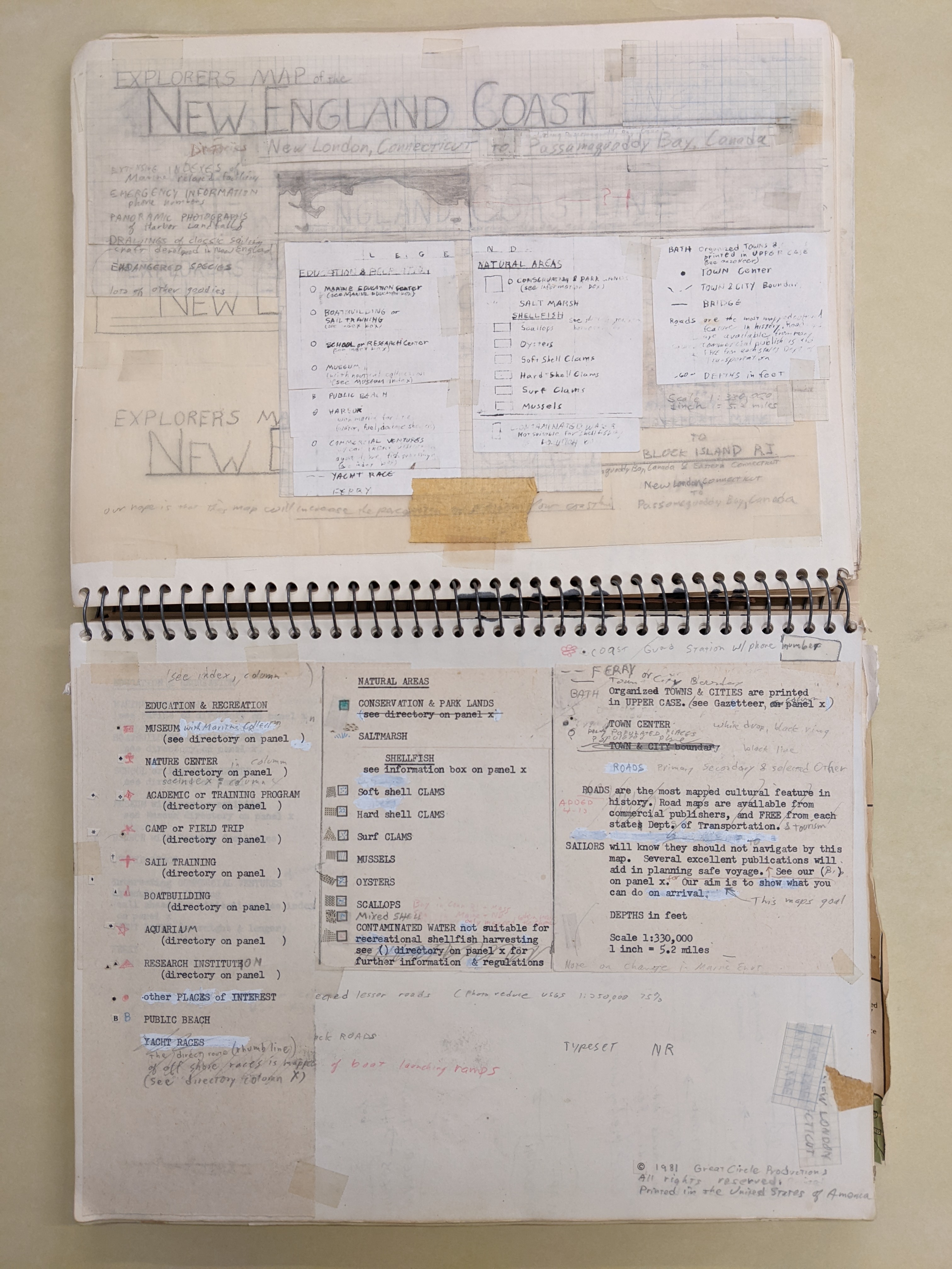 Page in a notebook showing design notes for Weaver's 'Explorer's map of the New England Coast'