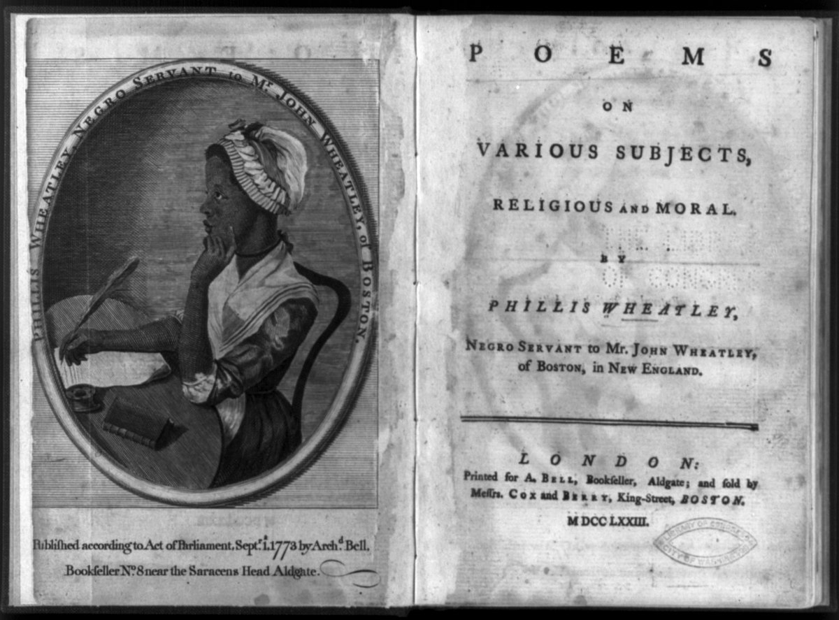 The frontispiece and title page of Phillis Wheatley&rsquo;s first volume of poetry, &quot;Poems on Various Subjects, Religious and Moral&quot; was published in London in 1773. Note the description of Wheatley as a &quot;negro servant to Mr. John Wheatley of Boston in New England&quot;.