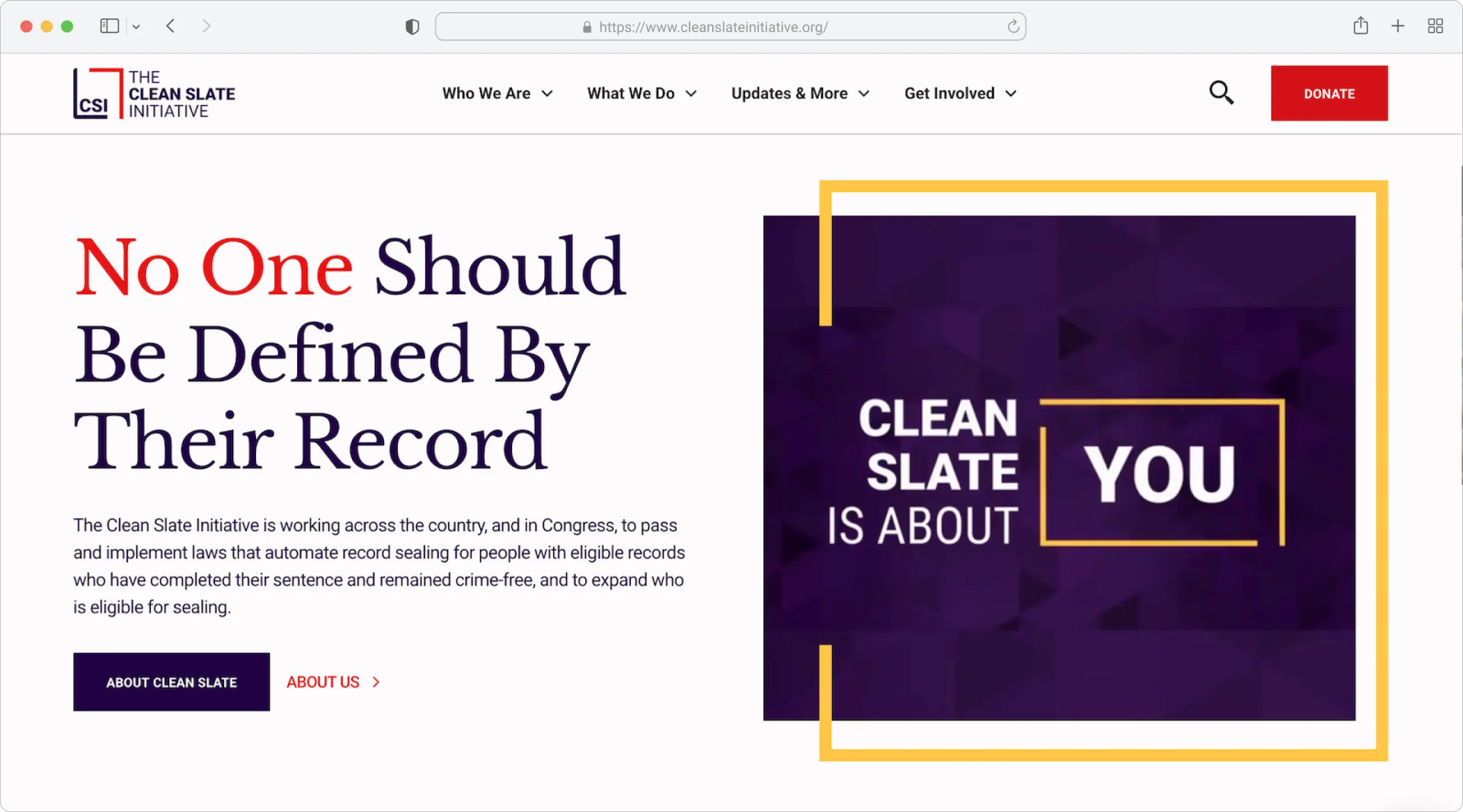 The Clean Slate Initiative site shown in a browser window