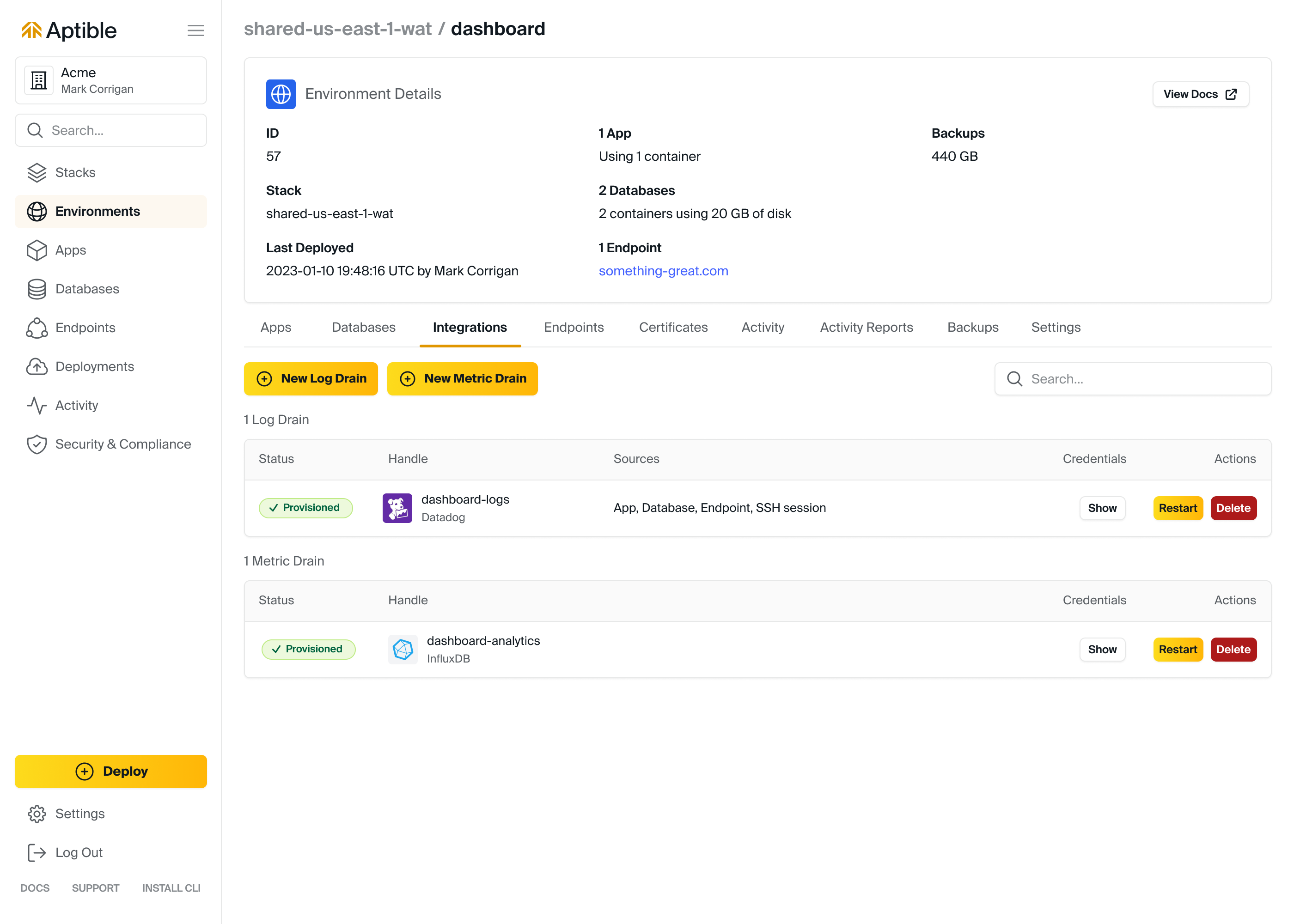 Managing Metric Drains in the Aptible Dashboard