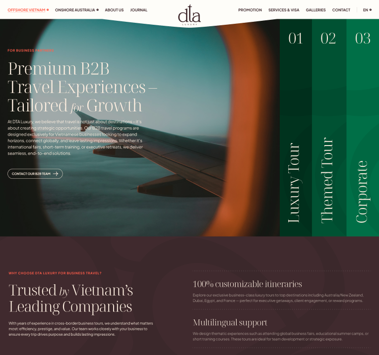DTA Luxury website preview showing travel and tourism design