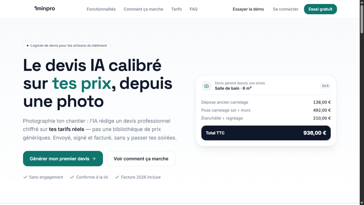 Page d’accueil de 1minpro, logiciel de devis assisté par IA pour artisans