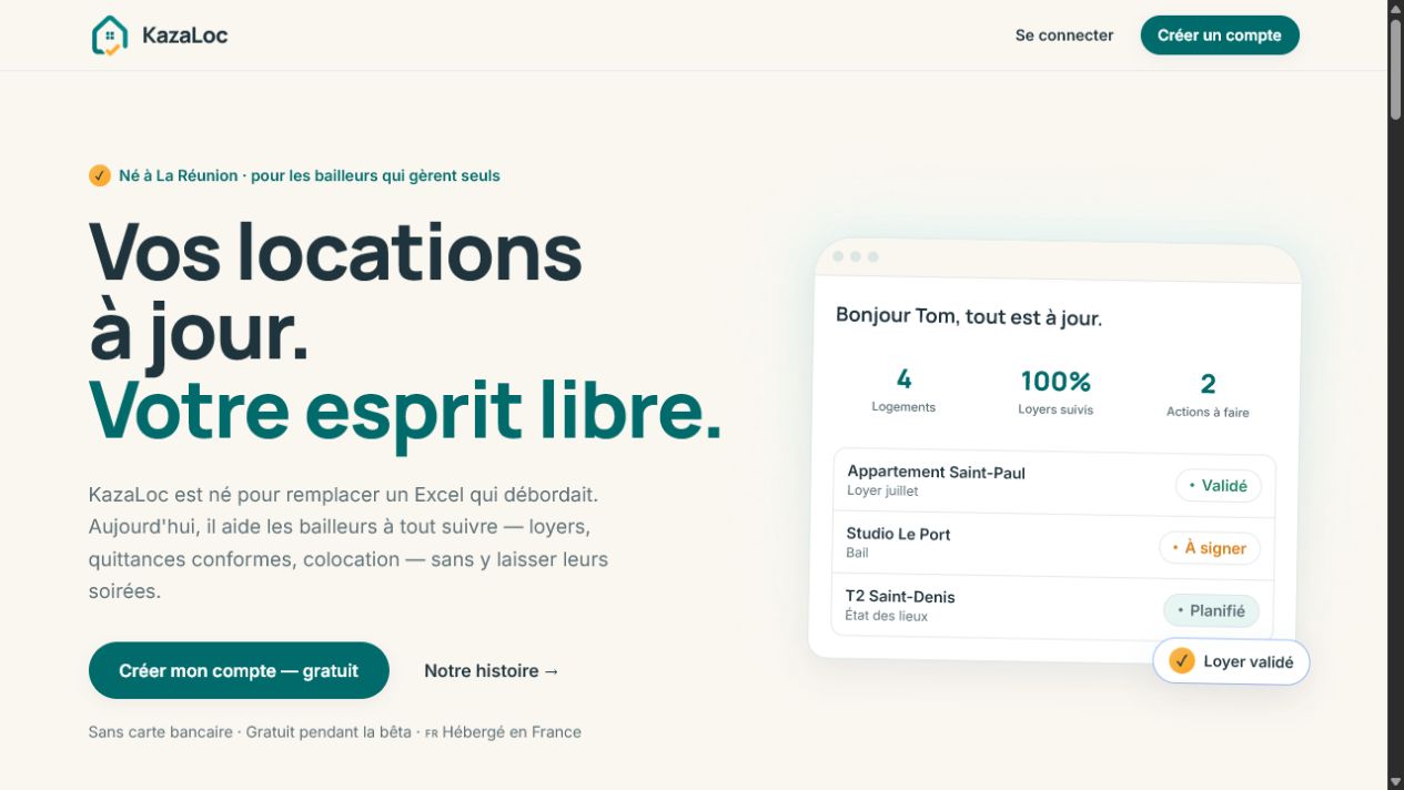 Page d’accueil de KazaLoc, logiciel de gestion locative spécialisé dans la colocation