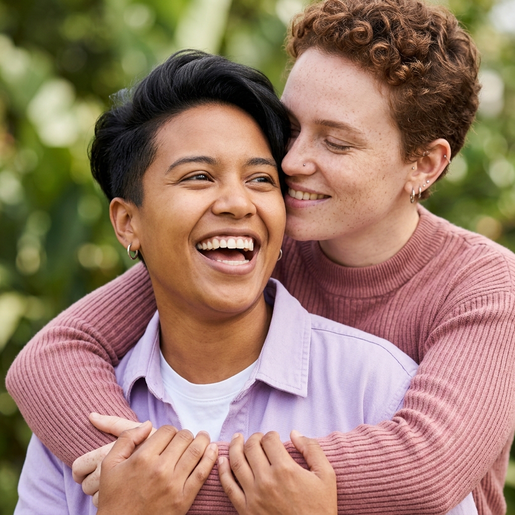 Couple embracing in foliage