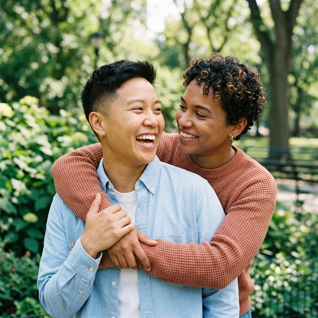 Happy couple embracing outdoors