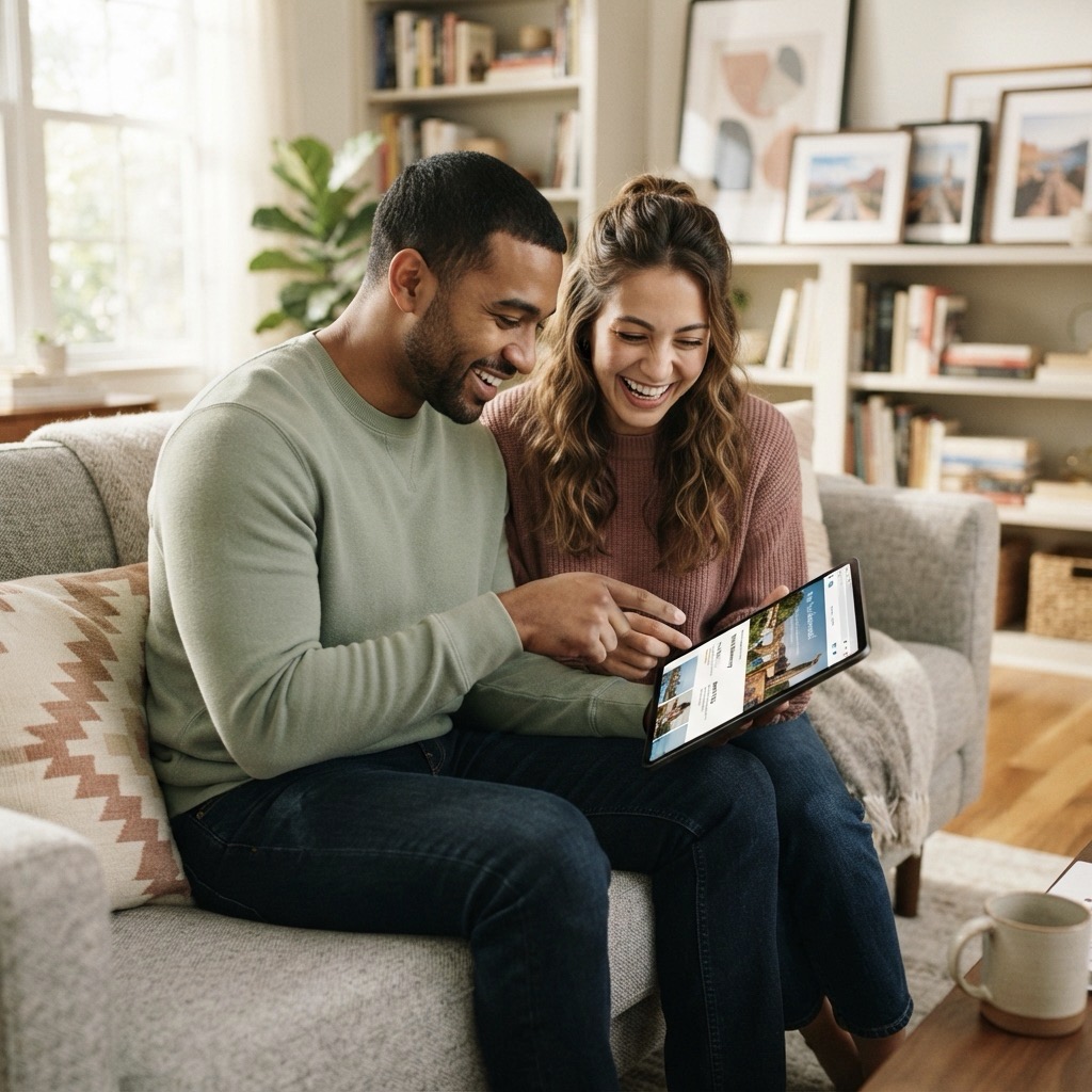 Couple planning together on a tablet