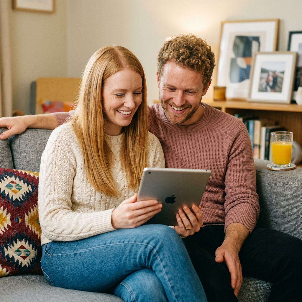 Couple sitting on a sofa with a tablet