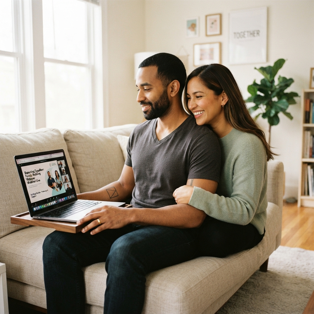 Couple watching laptop on sofa