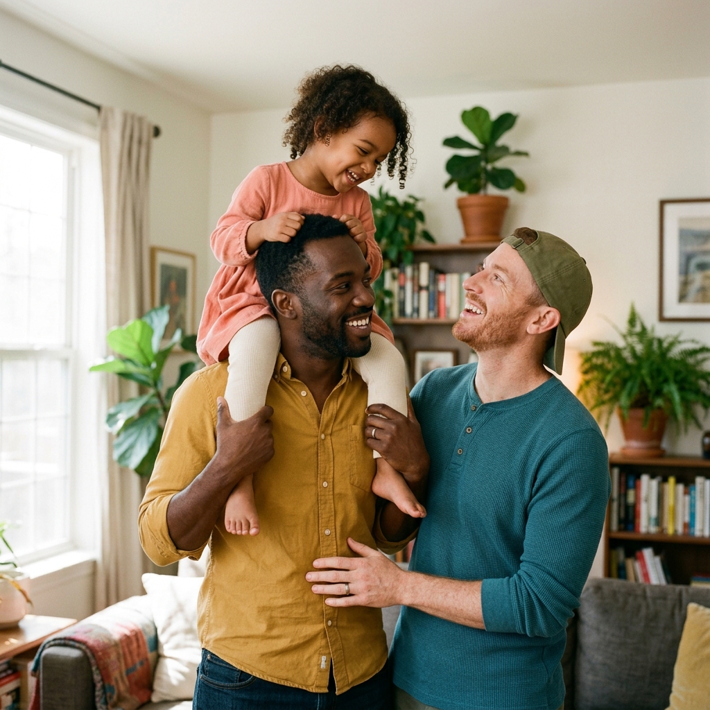 Happy family portrait: two dads and their child smiling outdoors