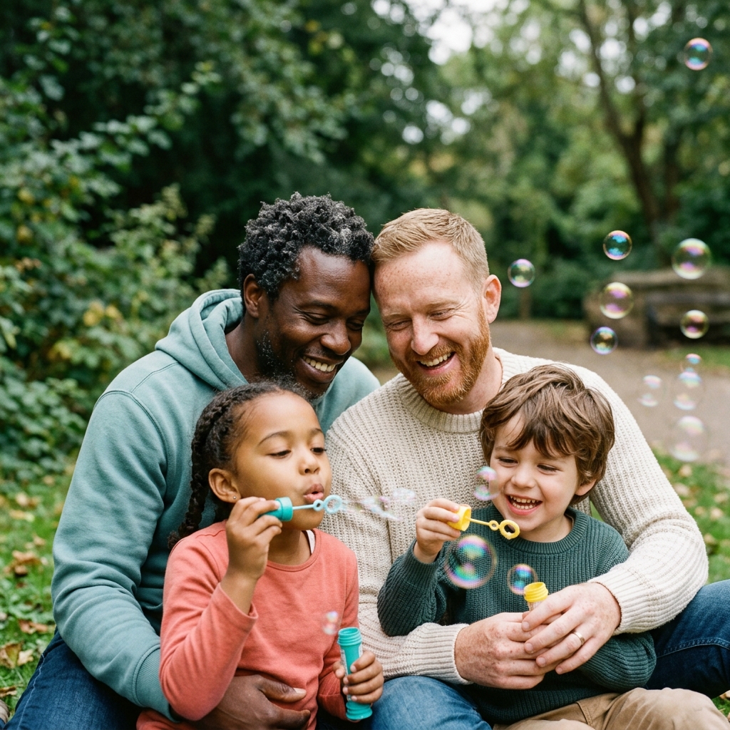 Dads and kids blowing bubbles