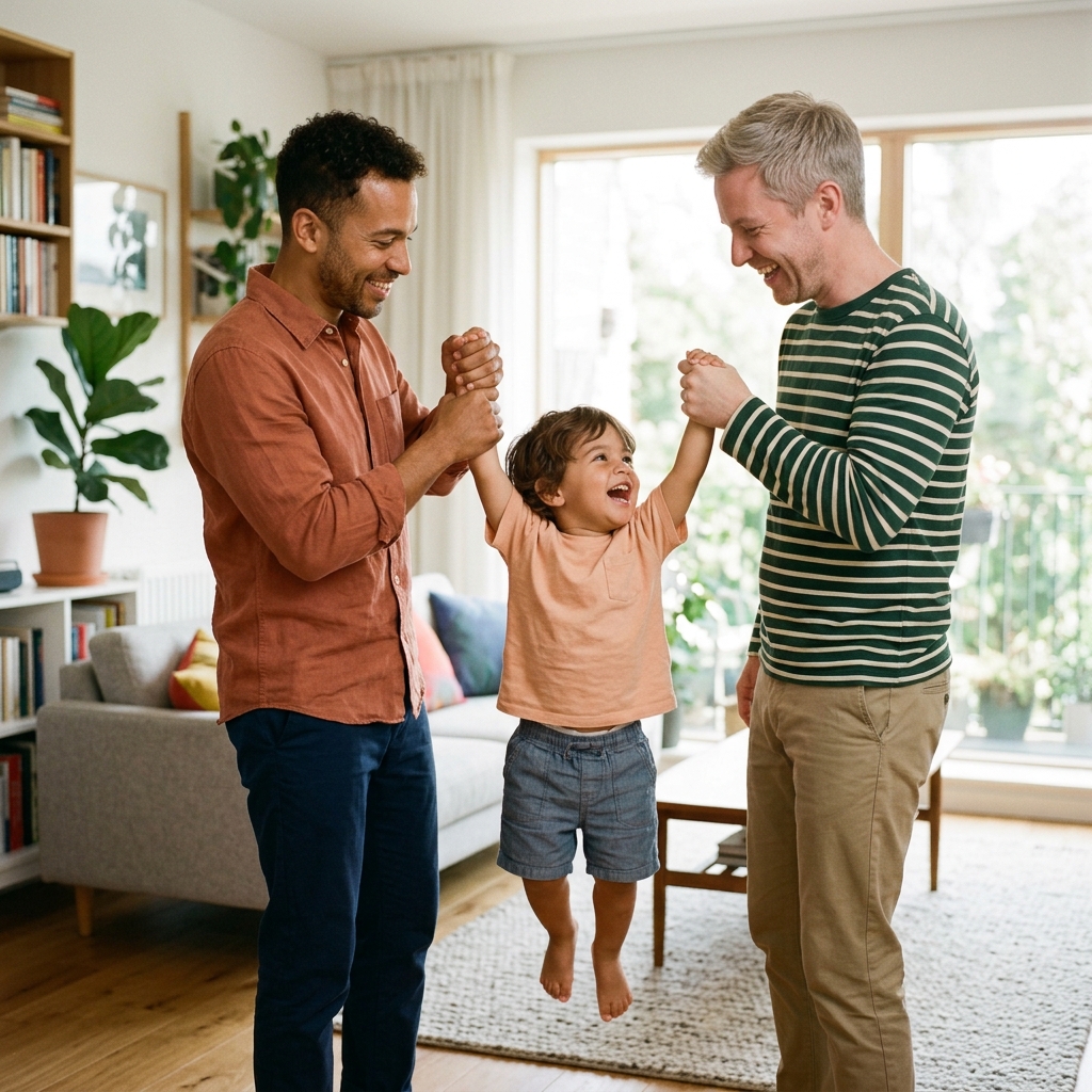 Dads lifting toddler laughing