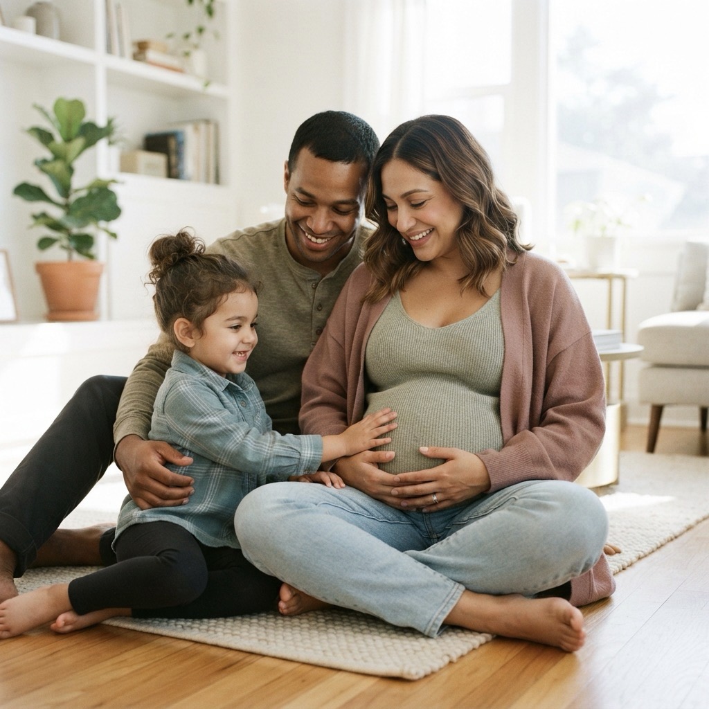 Expectant family sitting on the floor