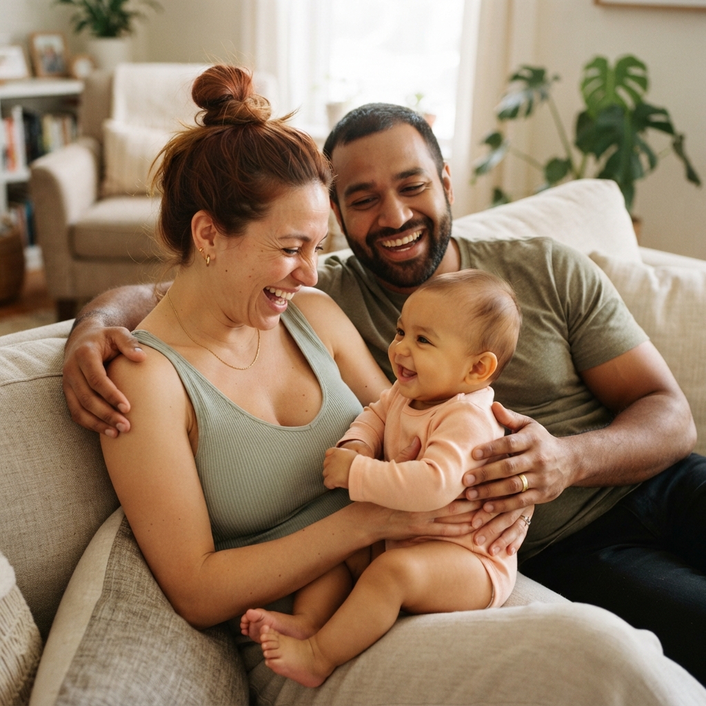 Happy parents bonding with their adorable baby