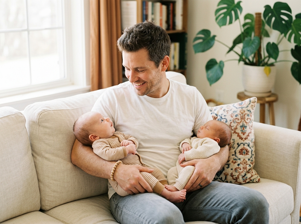 dad holding two babies