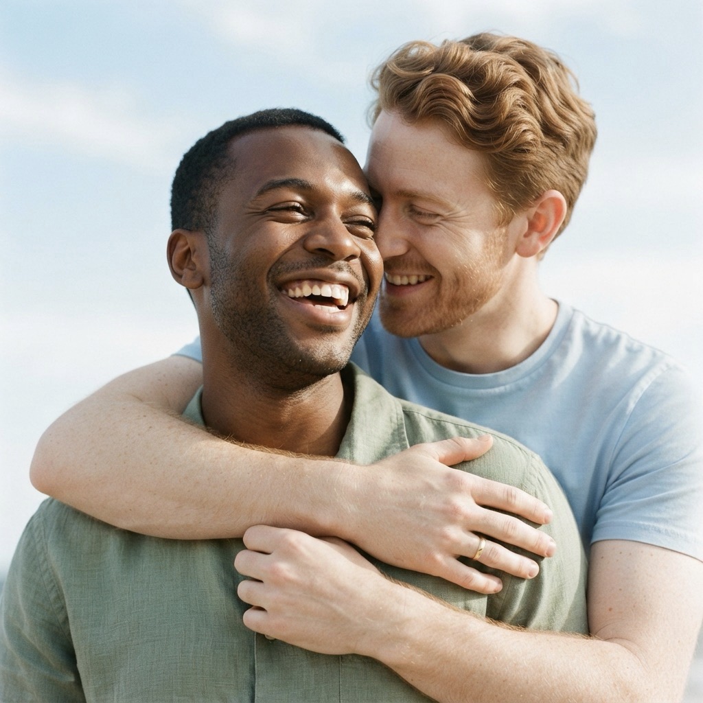 Gay couple embracing under a pale sky