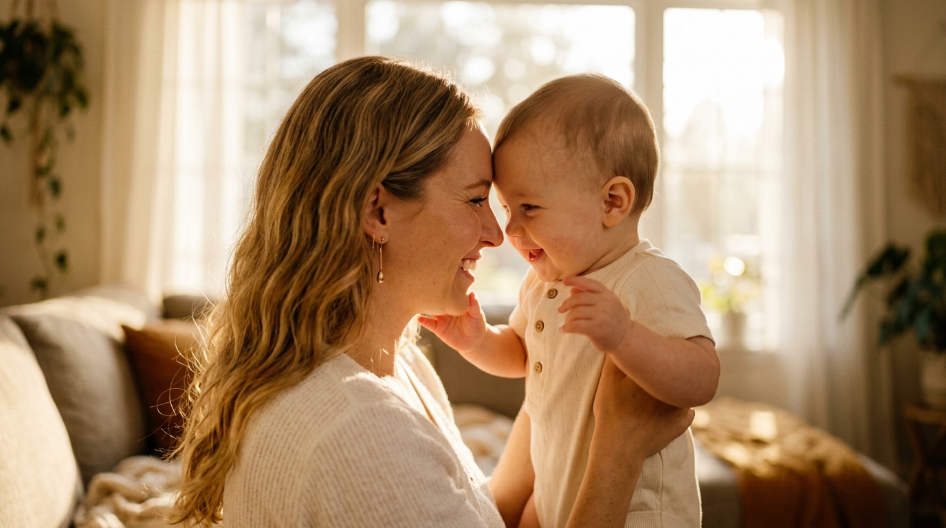 Happy mother tenderly holding her baby