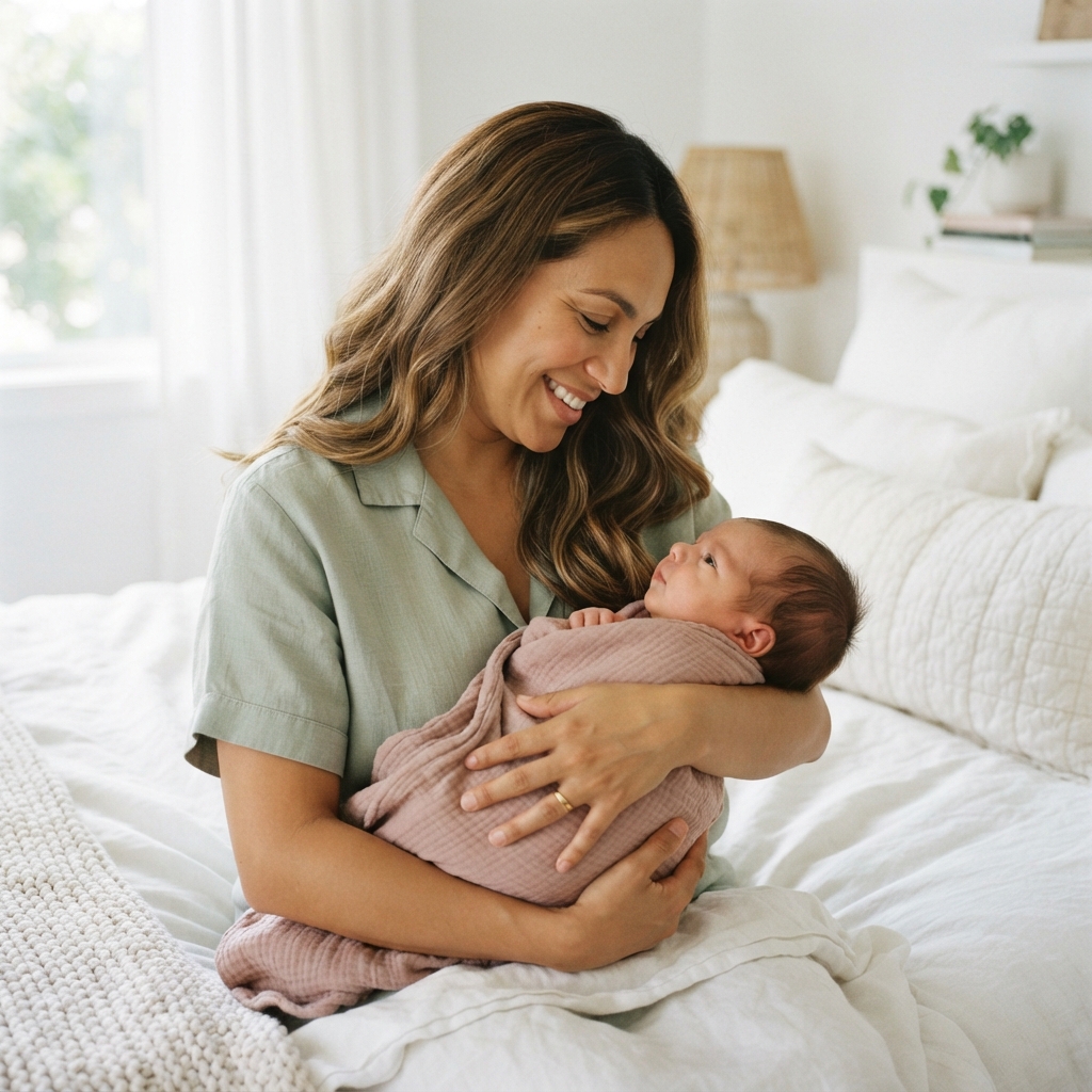 Smiling mother tenderly holding her newborn baby