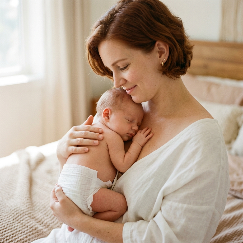 Mother cradling sleeping newborn