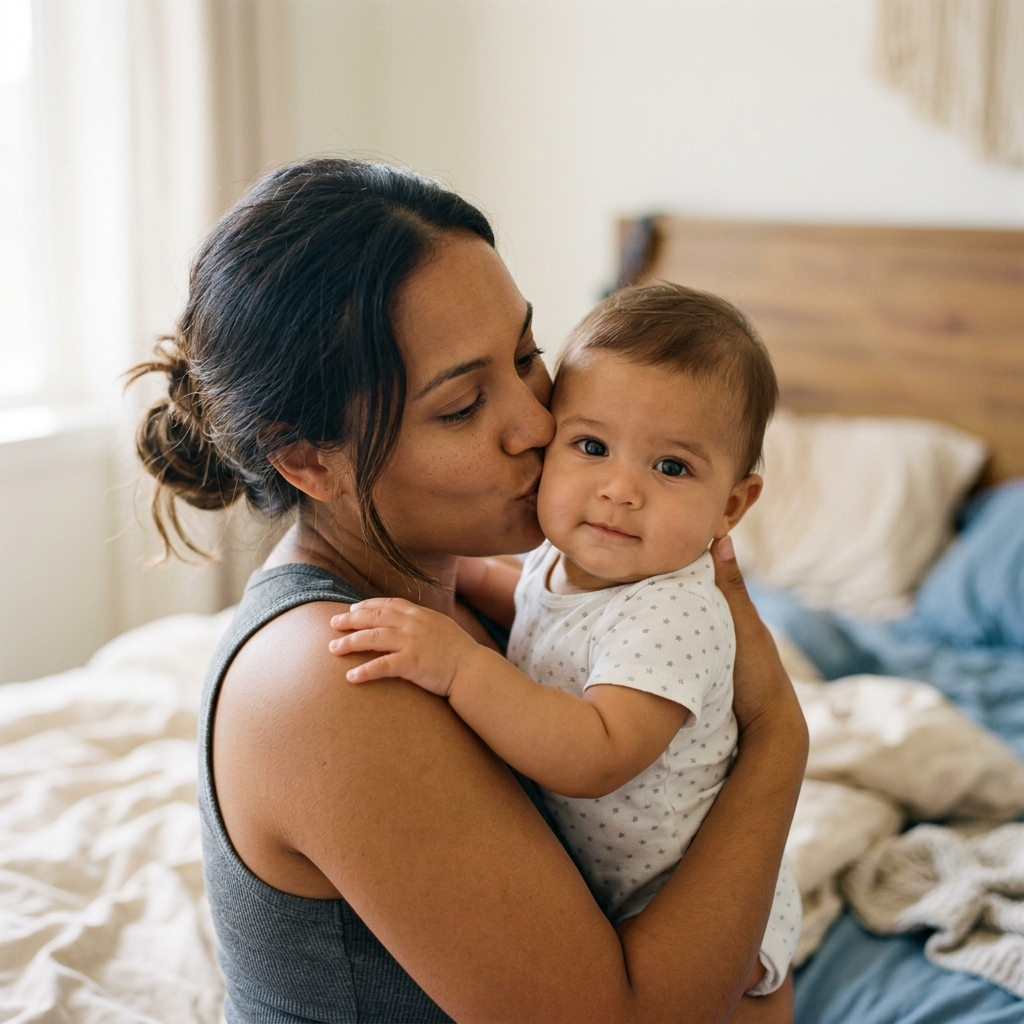 Mother kissing baby cheek