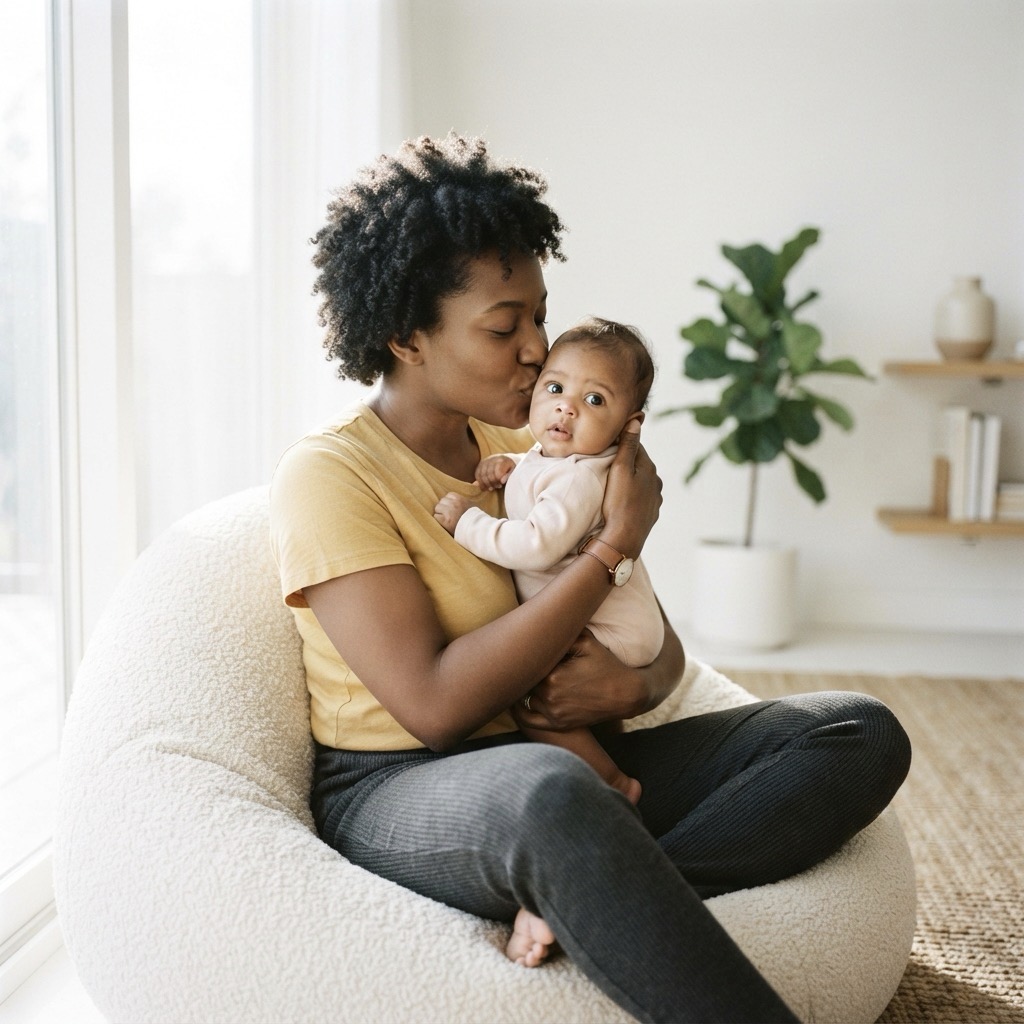 Mother kissing baby portrait