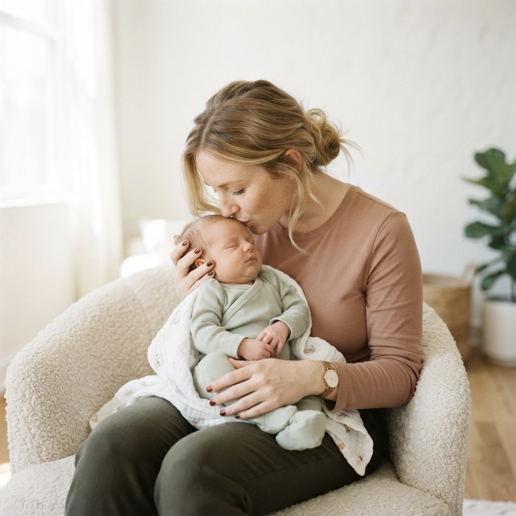 Mother kissing infant forehead