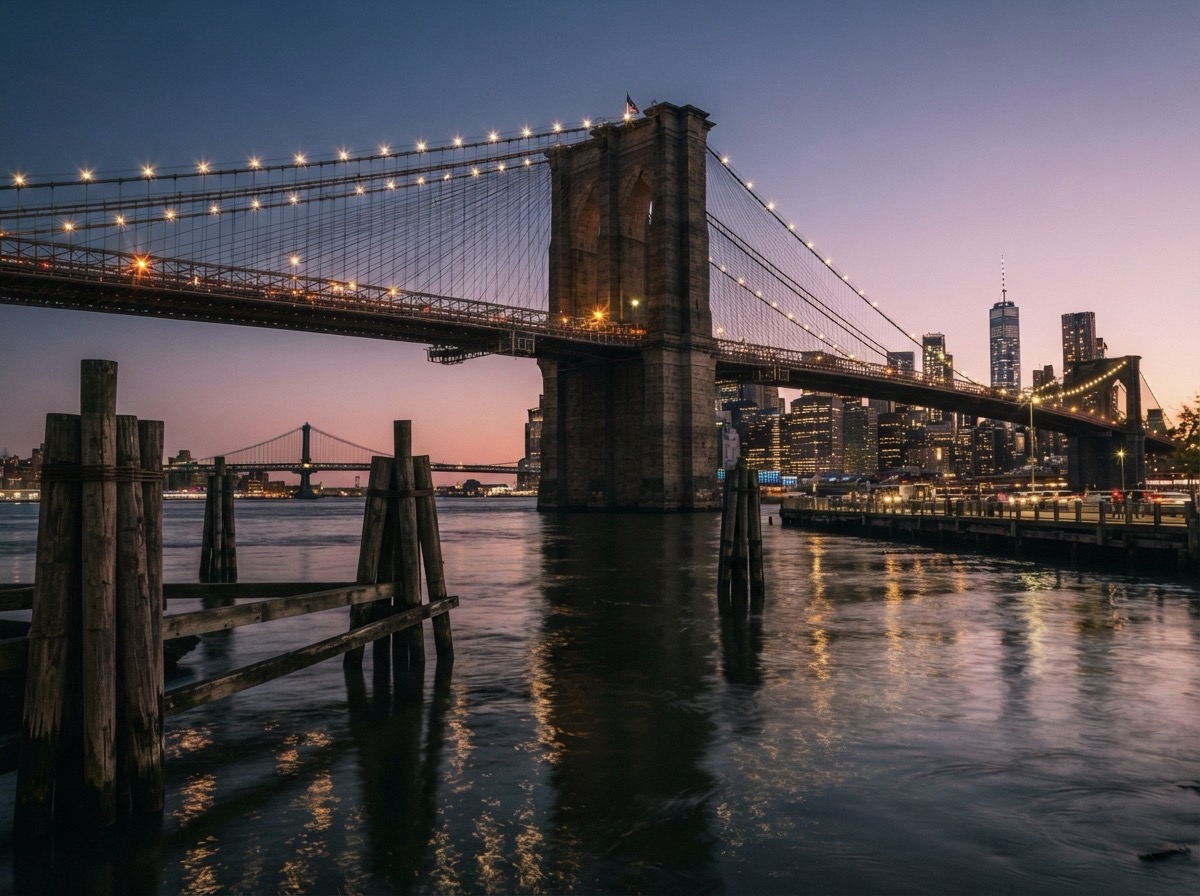 New York bridge and tower at dusk