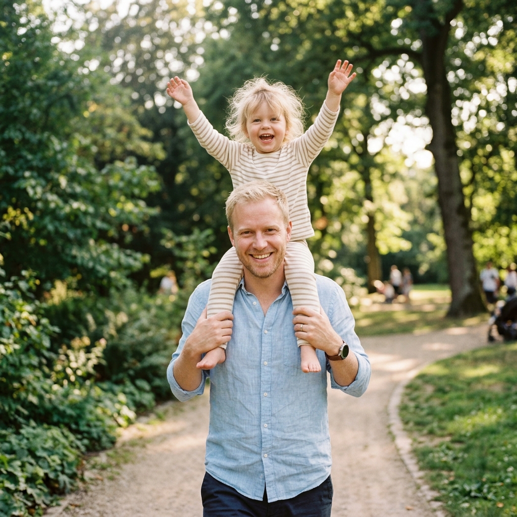 Parent carrying a smiling child