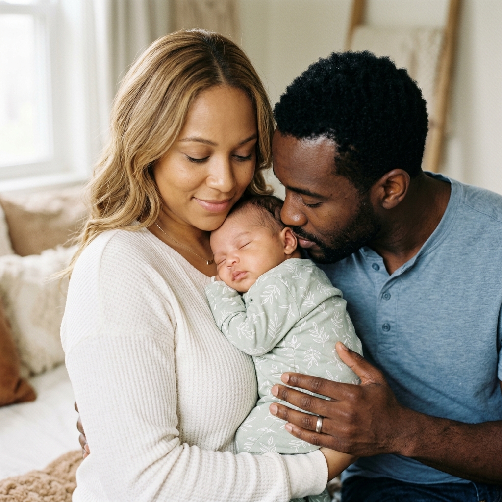 Parents lovingly kiss sleeping newborn baby