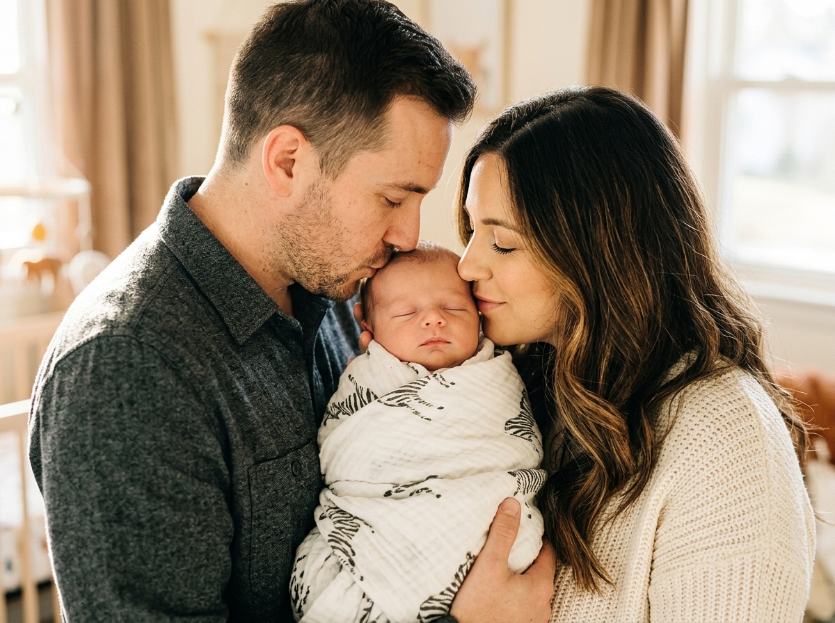 Parents kissing newborn baby