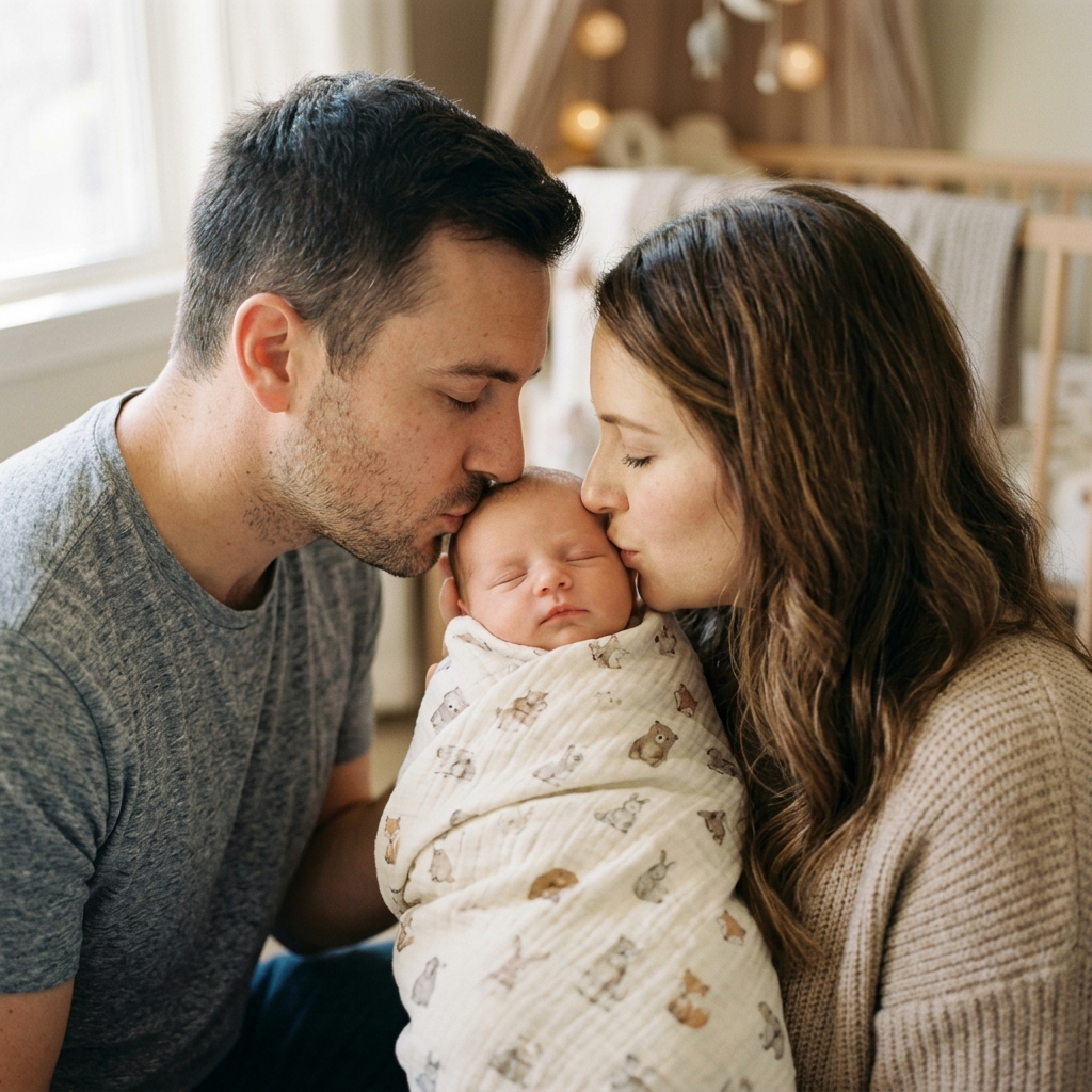 Parents kissing a sleeping newborn