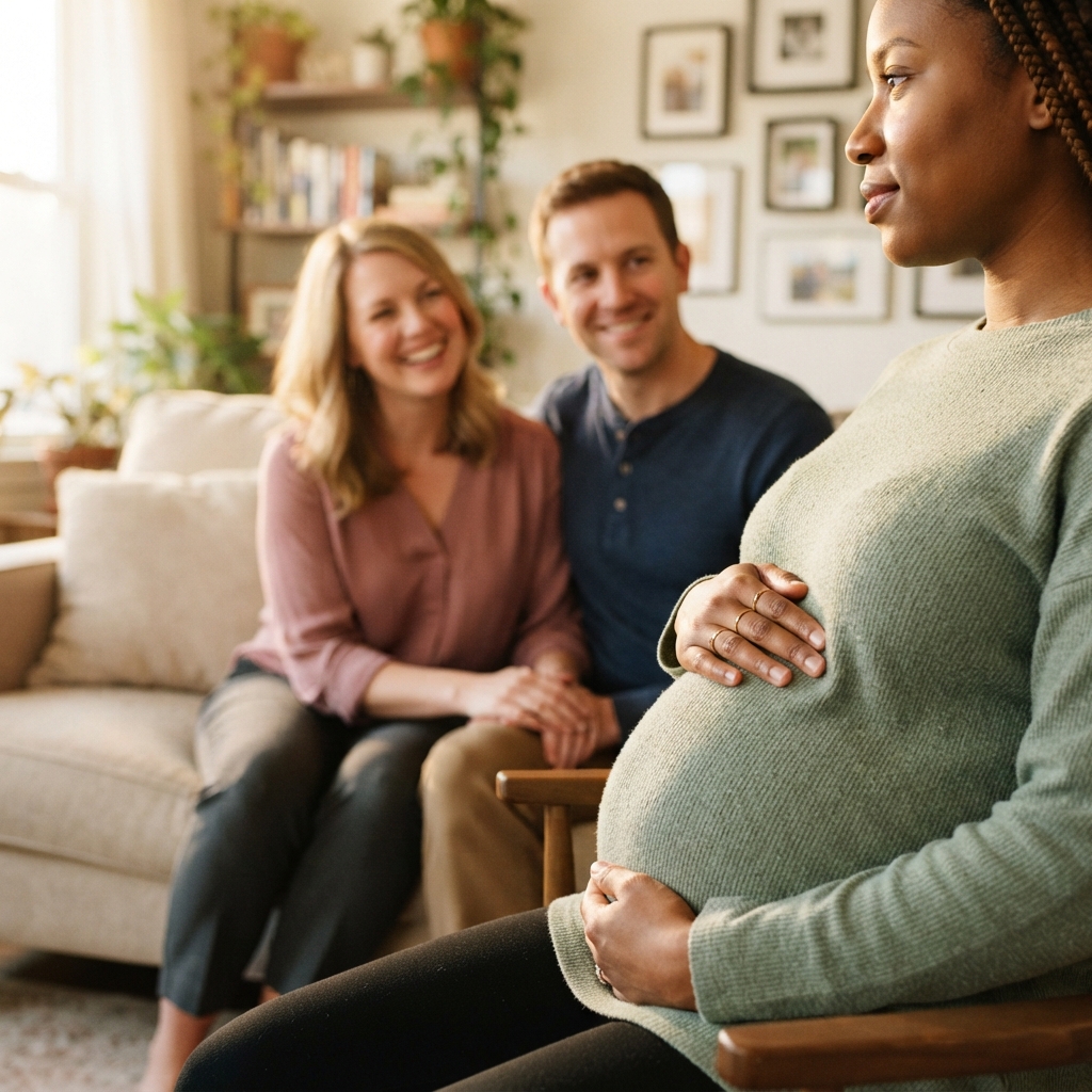 Pregnant woman embracing belly, couple in background
