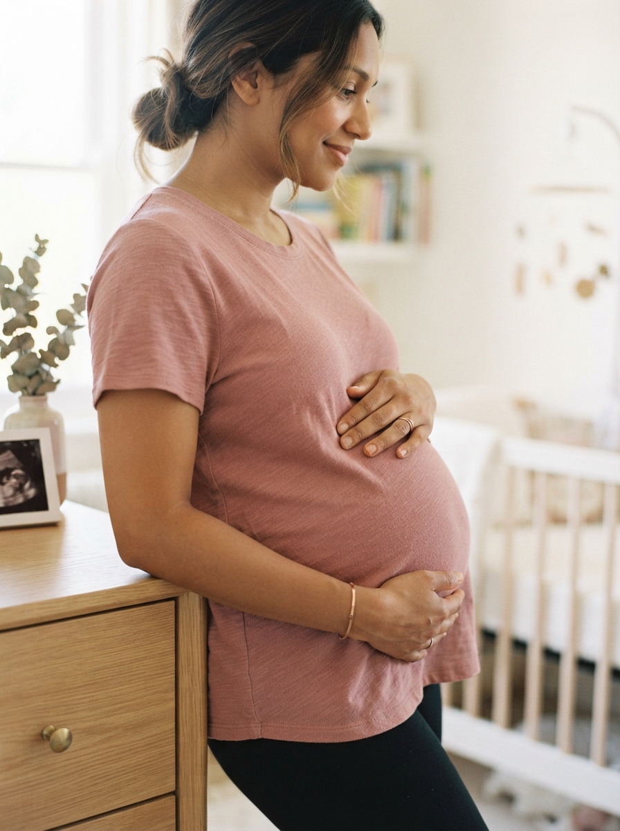 Pregnant woman gently caressing her belly