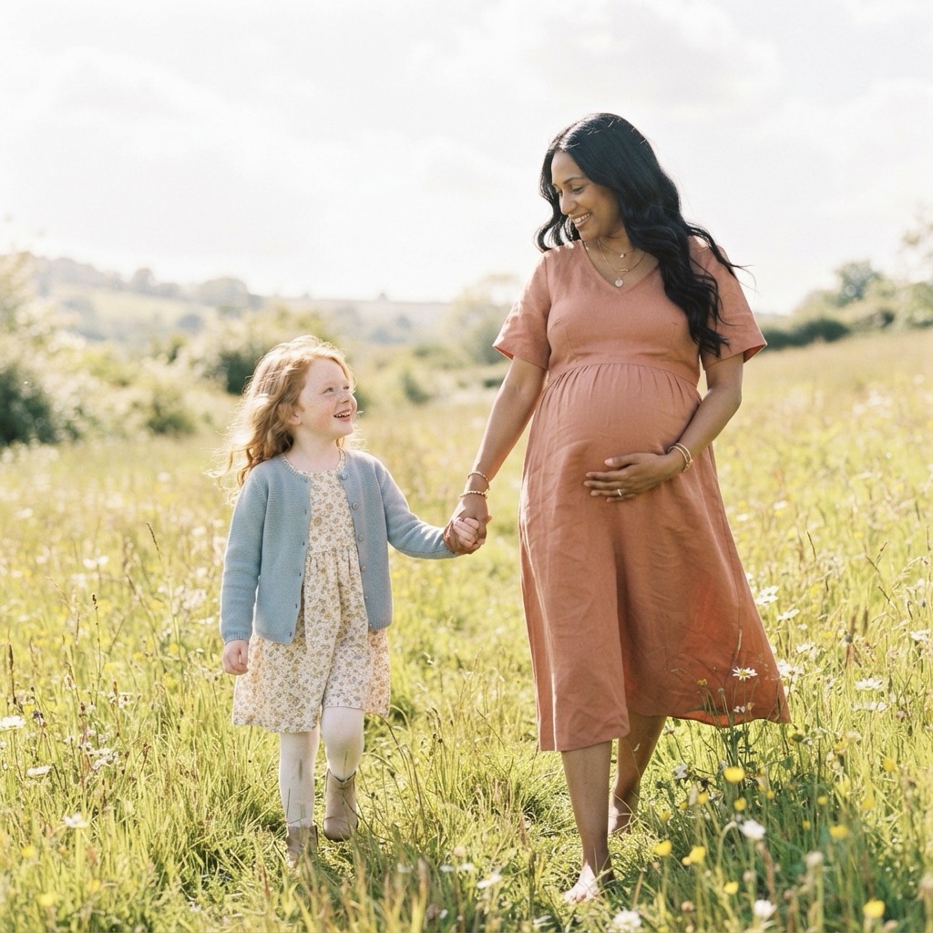 Pregnant woman and girl walking outdoors