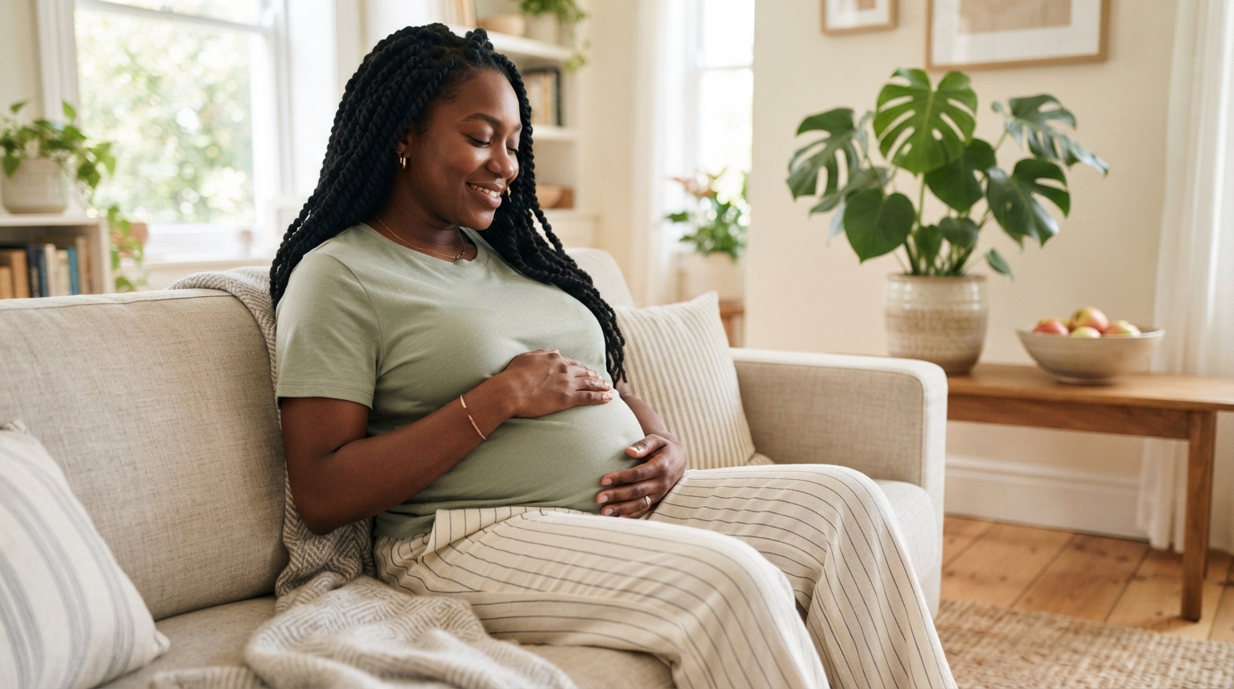 happy young pregnant woman on couch