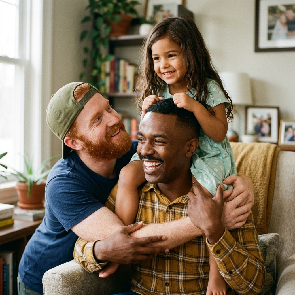 Happy men playfully holding their daughter