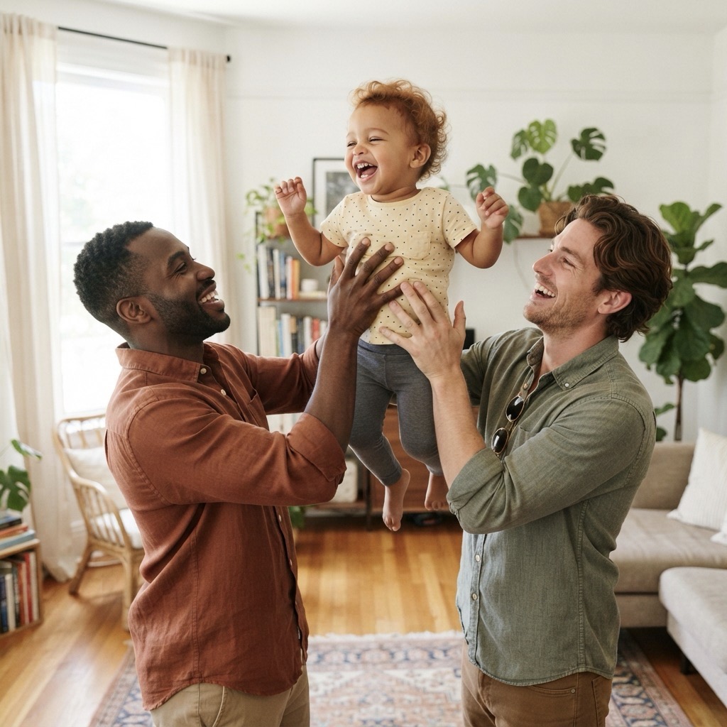 Two fathers lifting their toddler