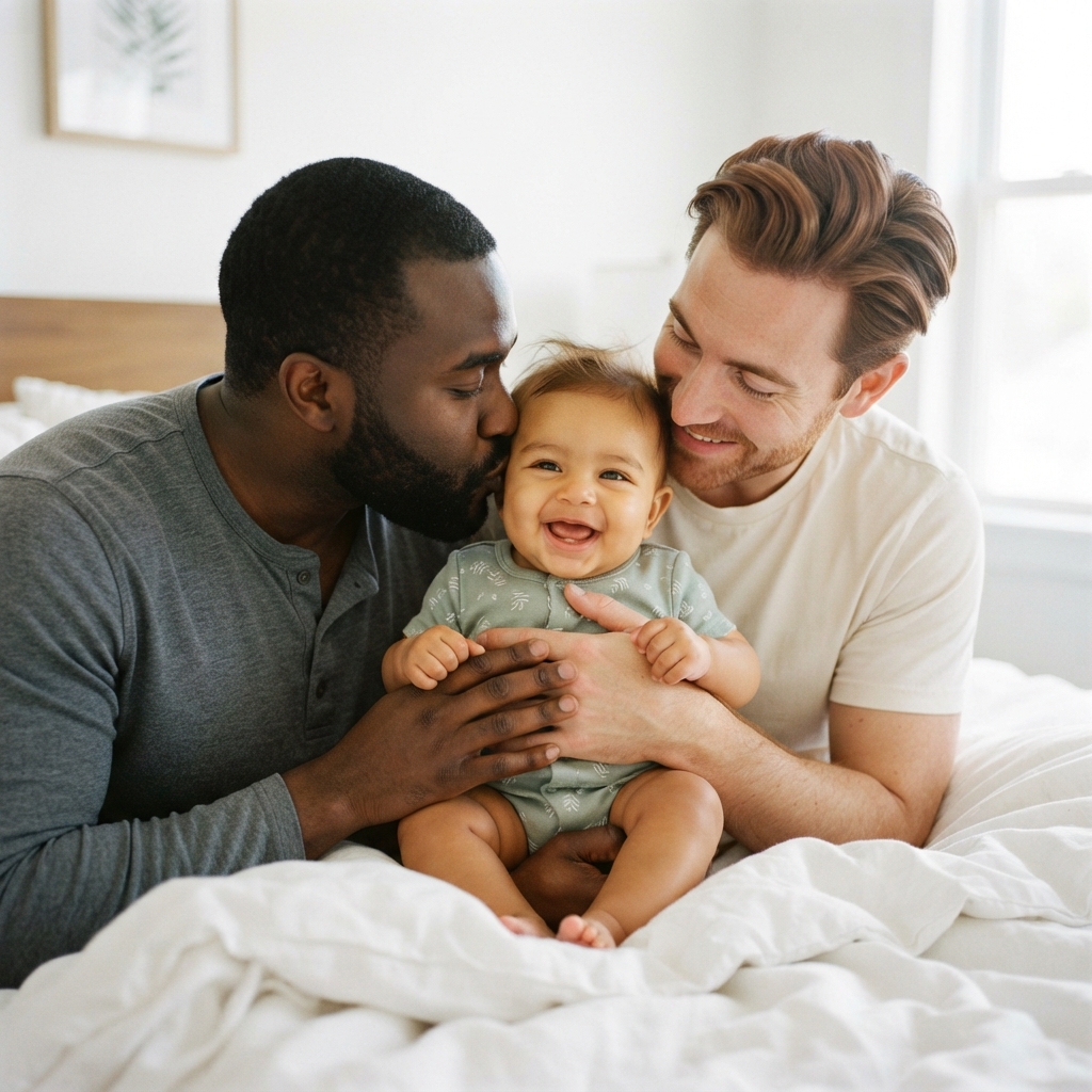 Two dads lovingly kiss their baby