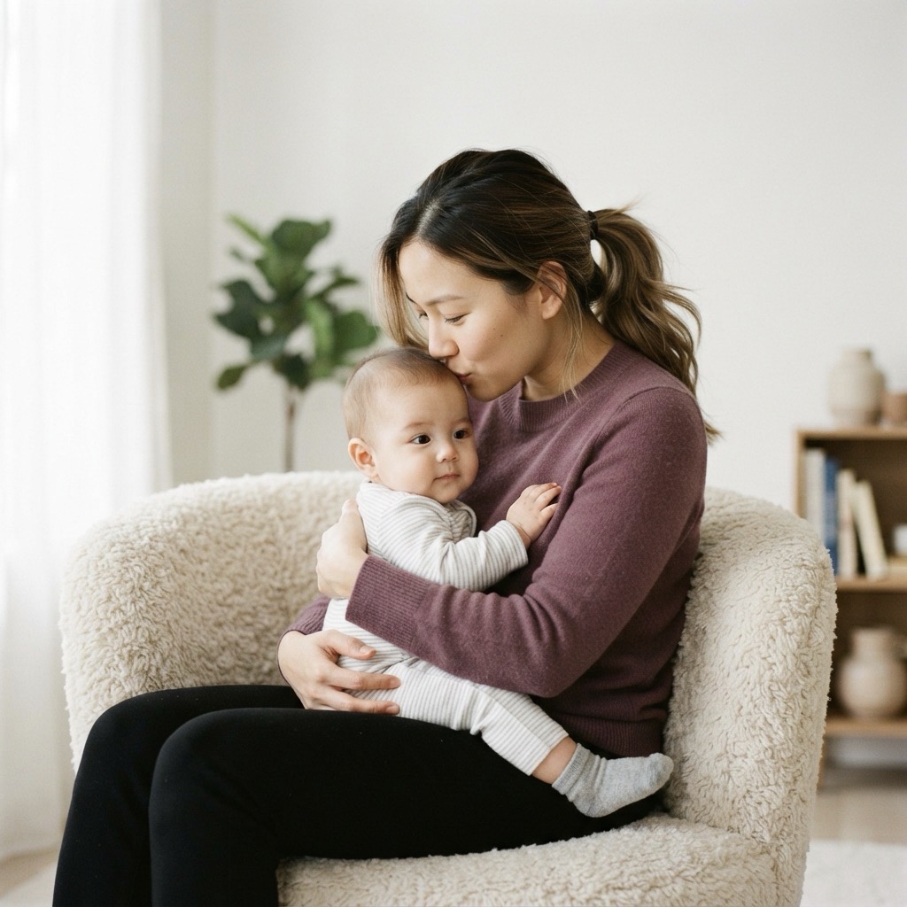 Woman cradling baby kissing brow