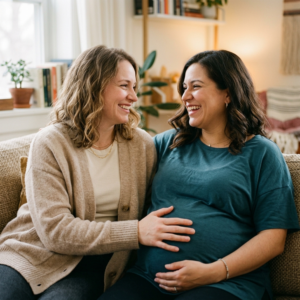 Women embracing pregnant belly
