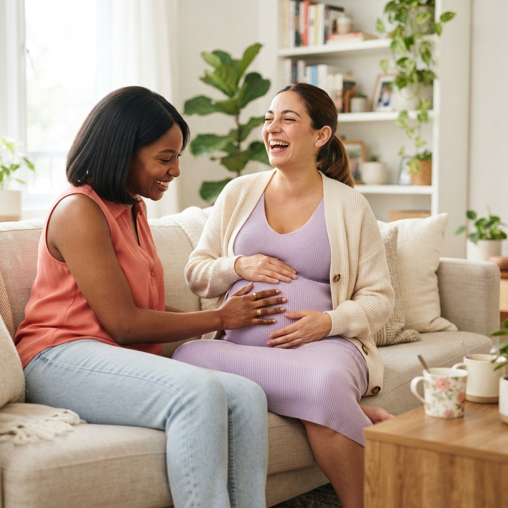 Happy pregnant woman with friend