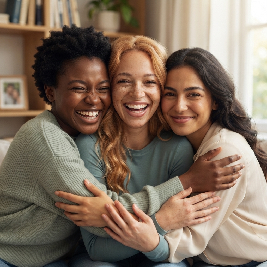 Three smiling women embrace, showing friendship and support