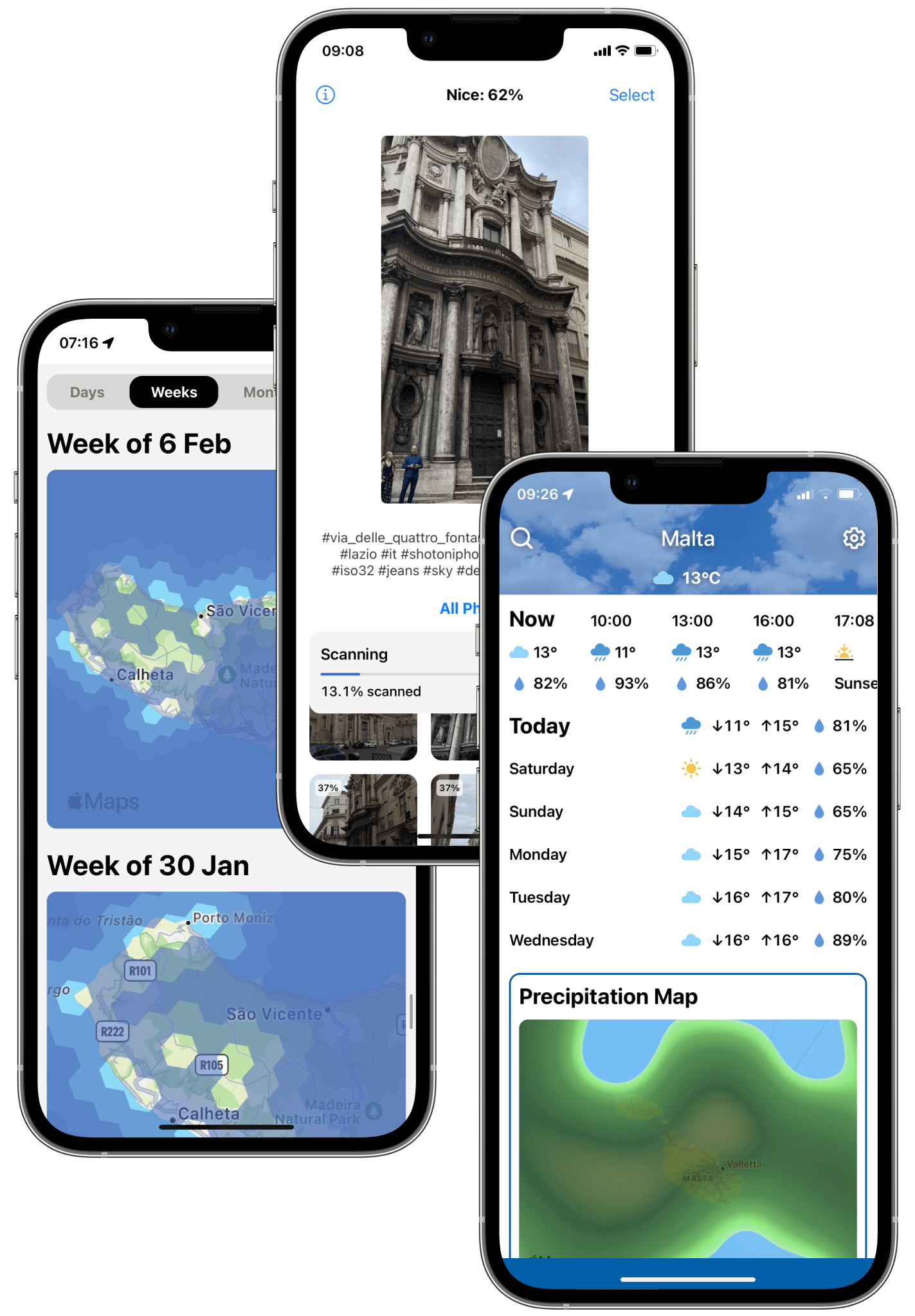 Weather & Climate Tracker, PickPic, Been & Done apps on different iPhones