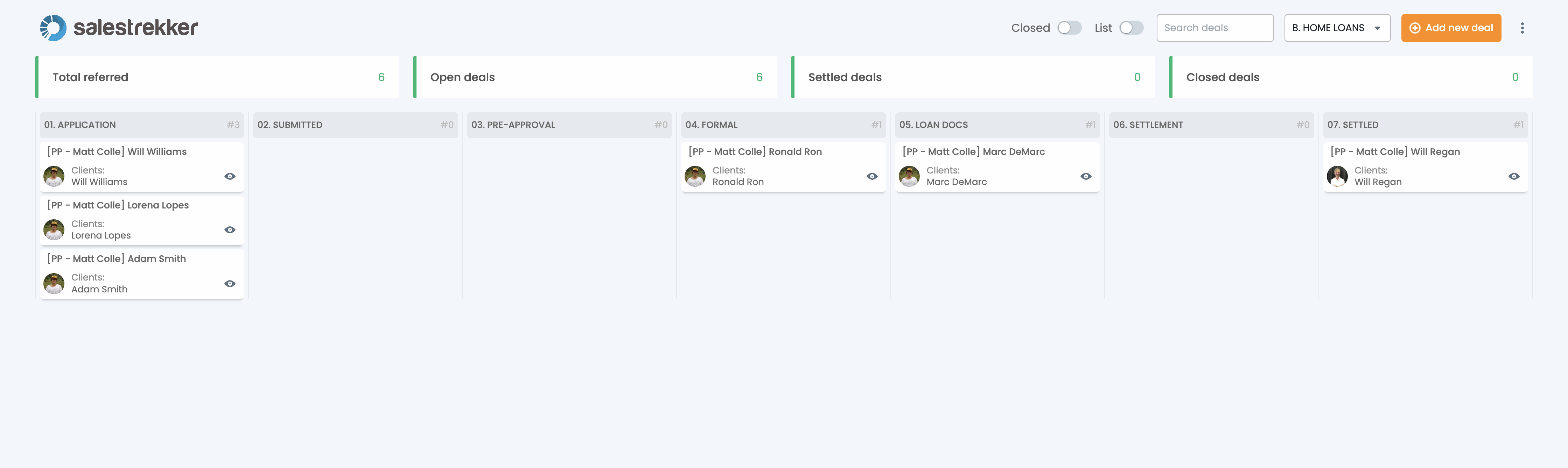 Salestrekker CRM v1.0 partner portal screen showing kanban board for the partner Salestrekker CRM v1.0 partner portal