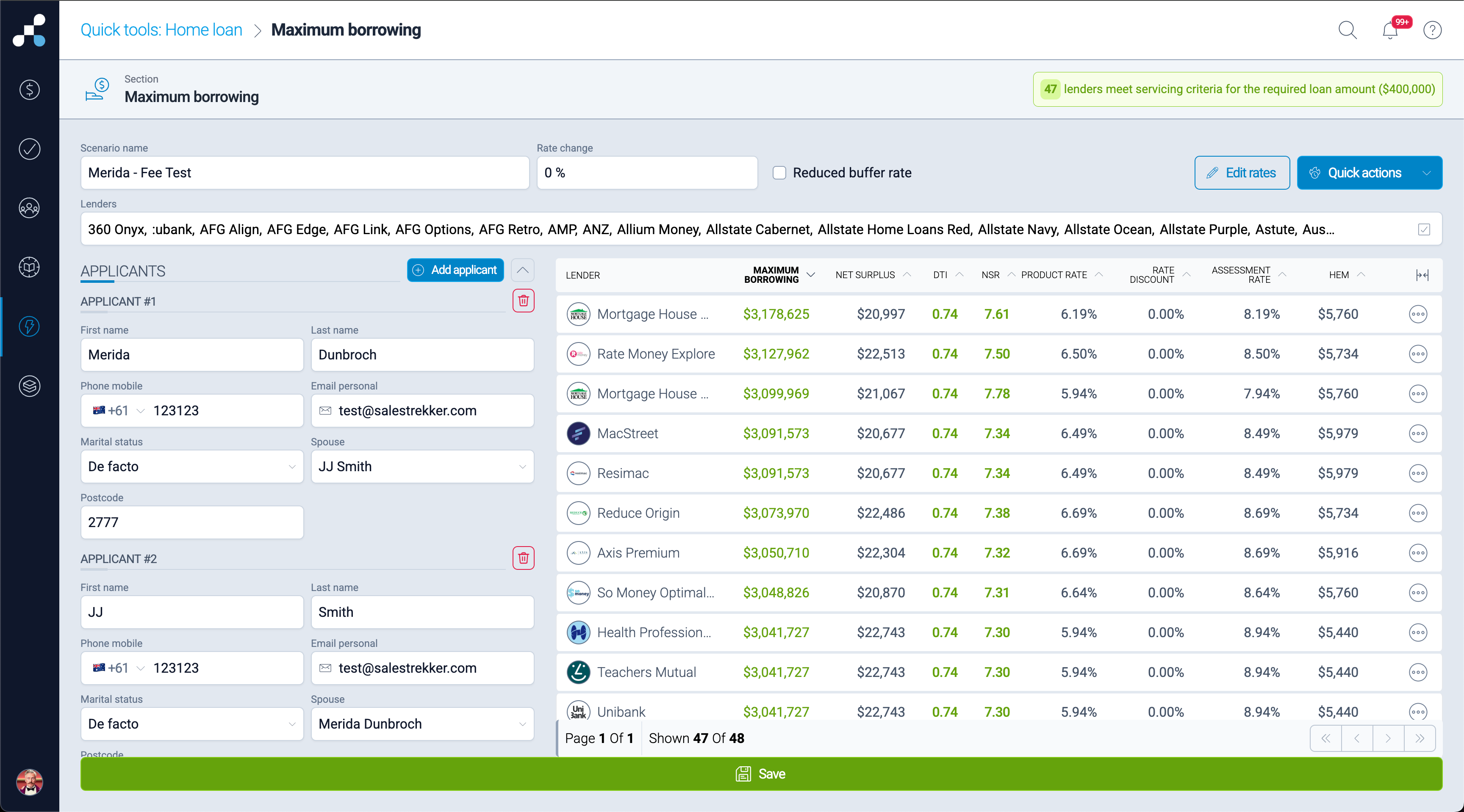 Ipad mock up for Salestrekker CRM showing the results for borrowing capacity under the quick tools tab Salestrekker CRM quick tools, maximum borrowing