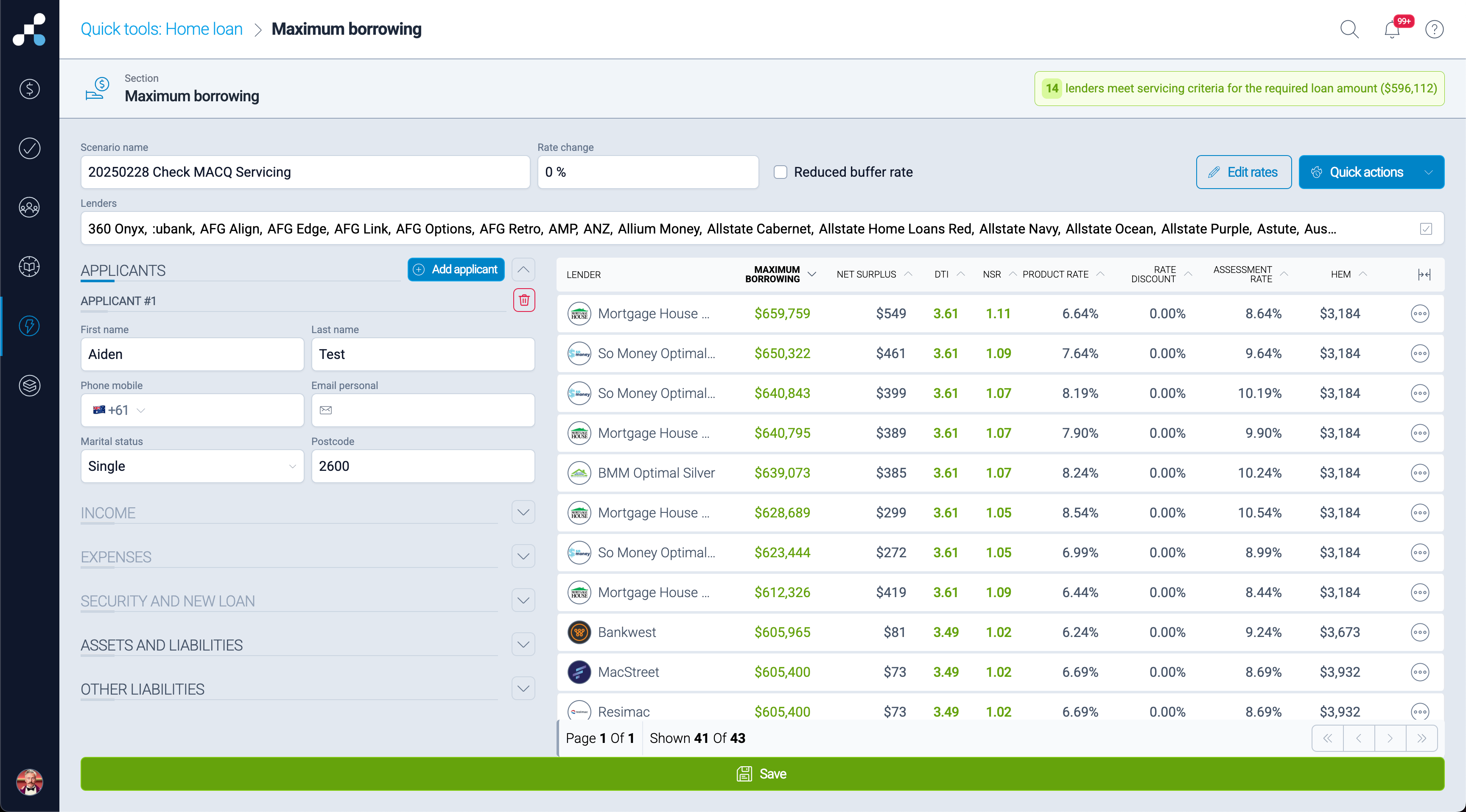 Salestrekker CRM showing the borrower capacity for with our built-in calculator for scenario analysis Salestrekker CRM maximum borrowing